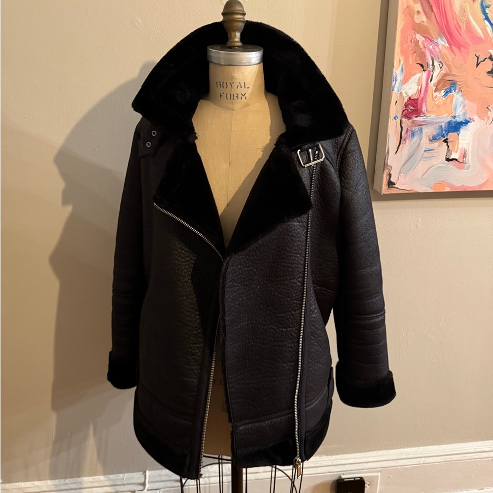 TOPSHOP Faux Shearling Oversized Motorcycle Jacket  US 10